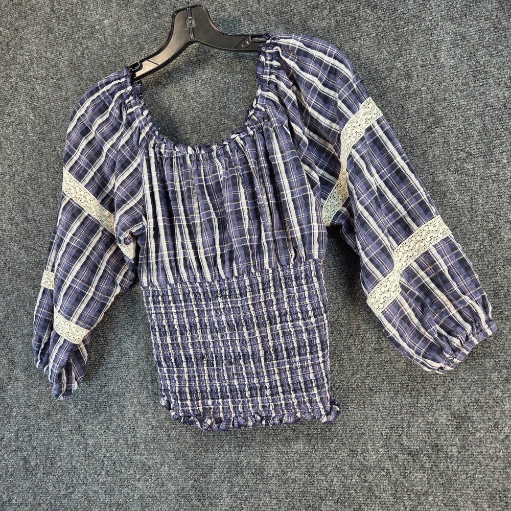 Kimchi Blue Blue Plaid Off-Shoulder Smocked Blouse with Velvet Bow - Picture 10 of 13